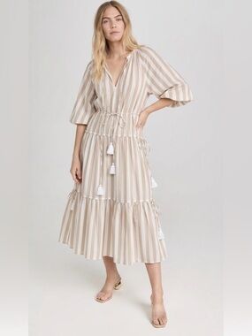 Mille Natalia Midi Dress in minimalist stripe Tiered skirt boho retro festival